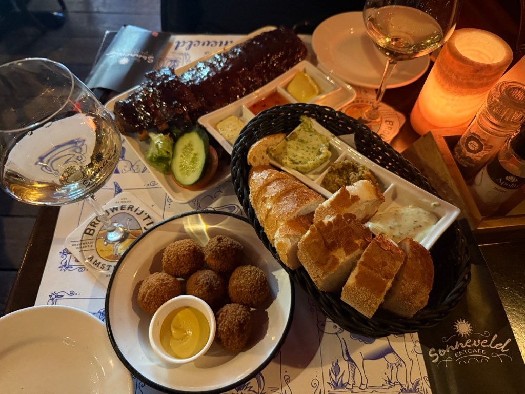 Bitterballen, ribs and bread basket at Cafe Sonneveld in Amsterdam. 