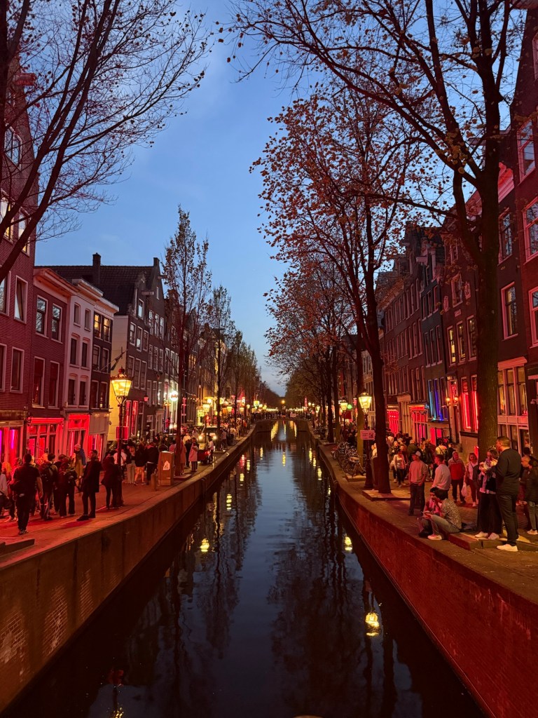 The Red Light District at night in Amsterdam. 