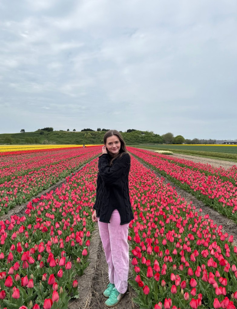 Standing in a field of bright pink tulips in Amsterdam. 