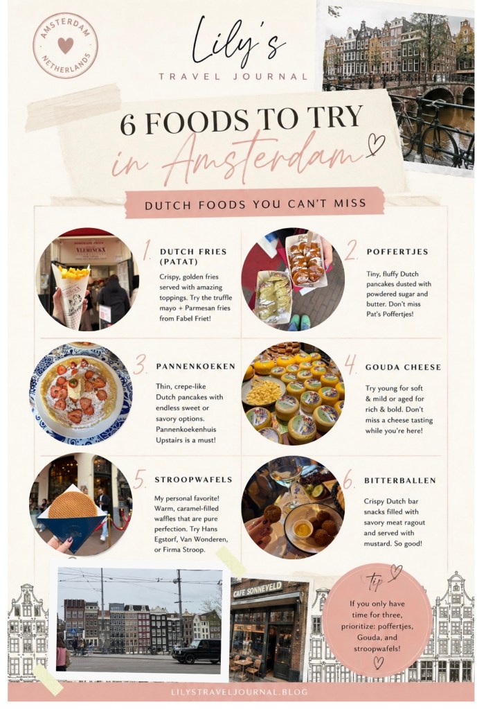 Visual explaining the best foods to try in Amsterdam with photos and descriptions of these Dutch foods.