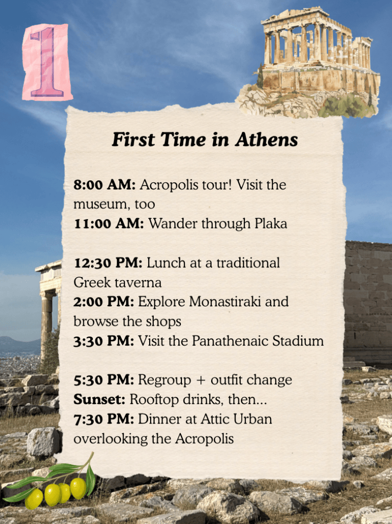 Itinerary for a first visit to Athens, including visits to the Acropolis, a traditional Greek taverna for lunch, exploring Monastiraki, and dinner at Attic Urban overlooking the Acropolis.