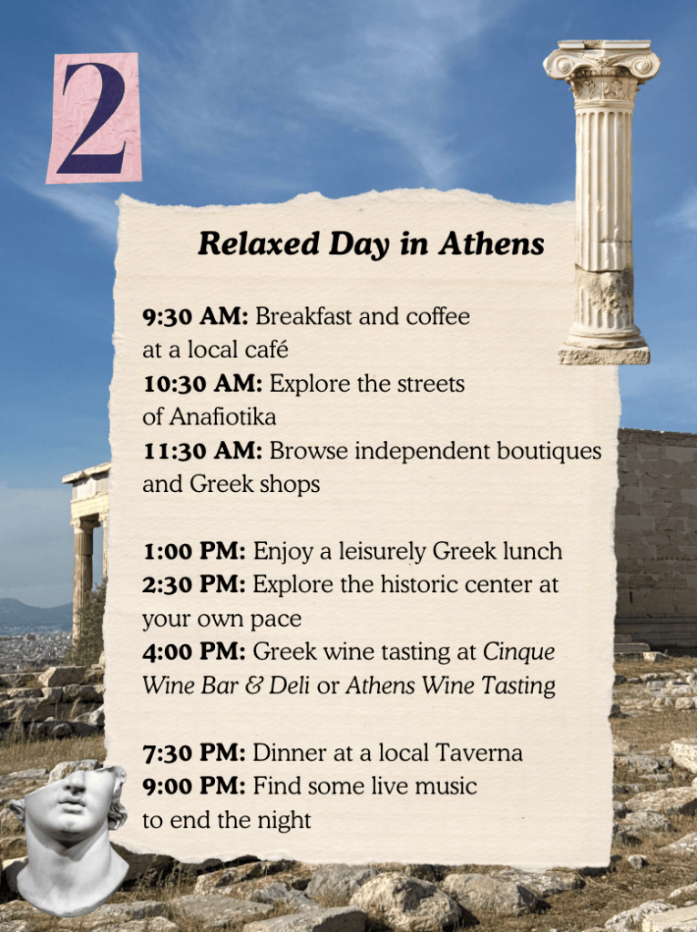 A daily itinerary titled 'Relaxed Day in Athens' outlining activities from breakfast to live music, with a background featuring a historical column and scenic views.